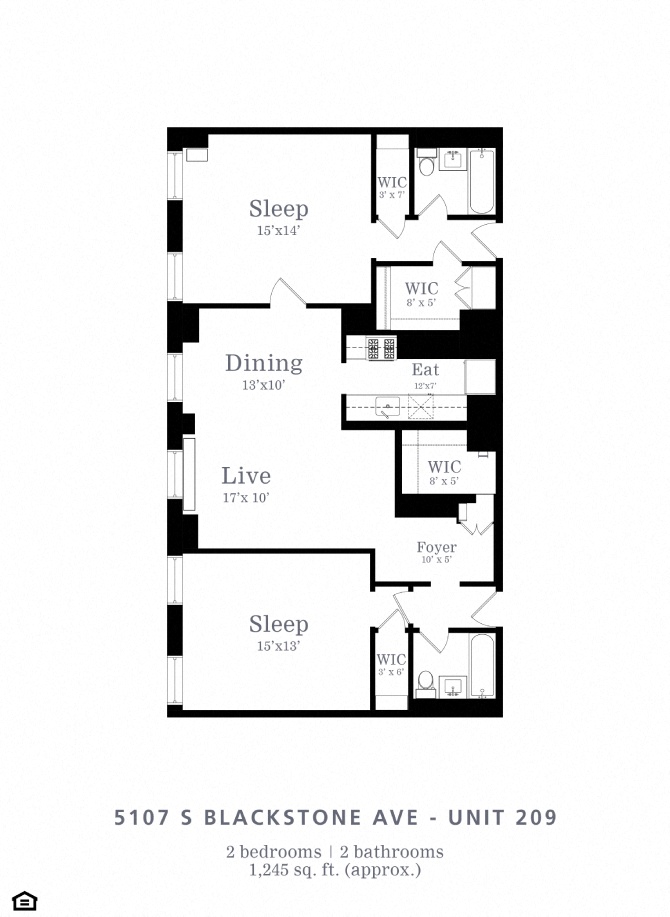 Floor plan for 2 beds, 2 baths, 1400 sqft